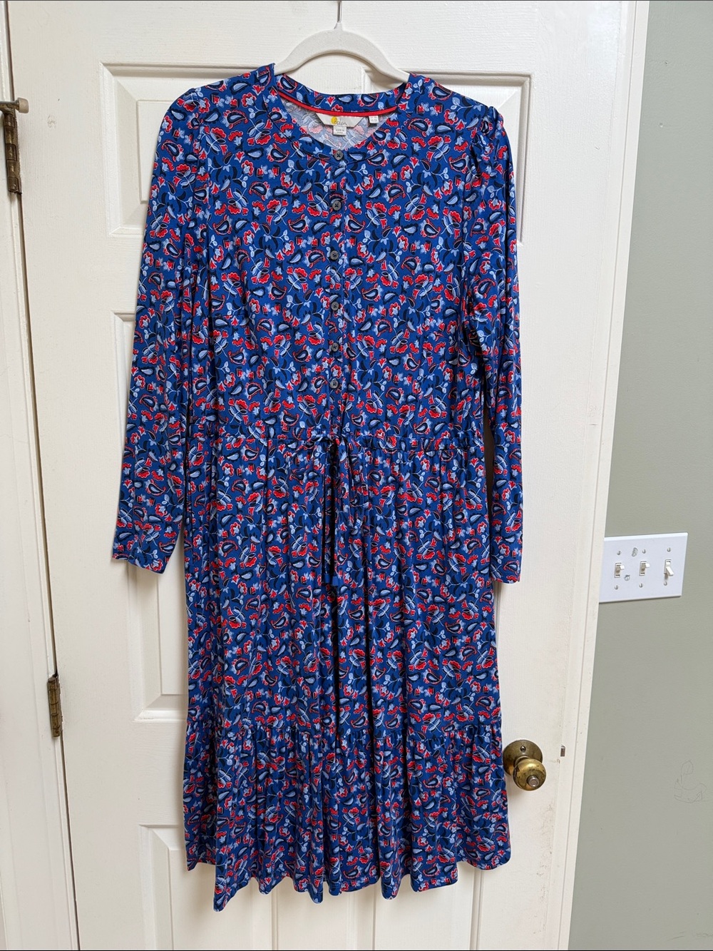 Boden sz 12 Long Sleeve Blue Floral Tiered Jersey Midi Dress